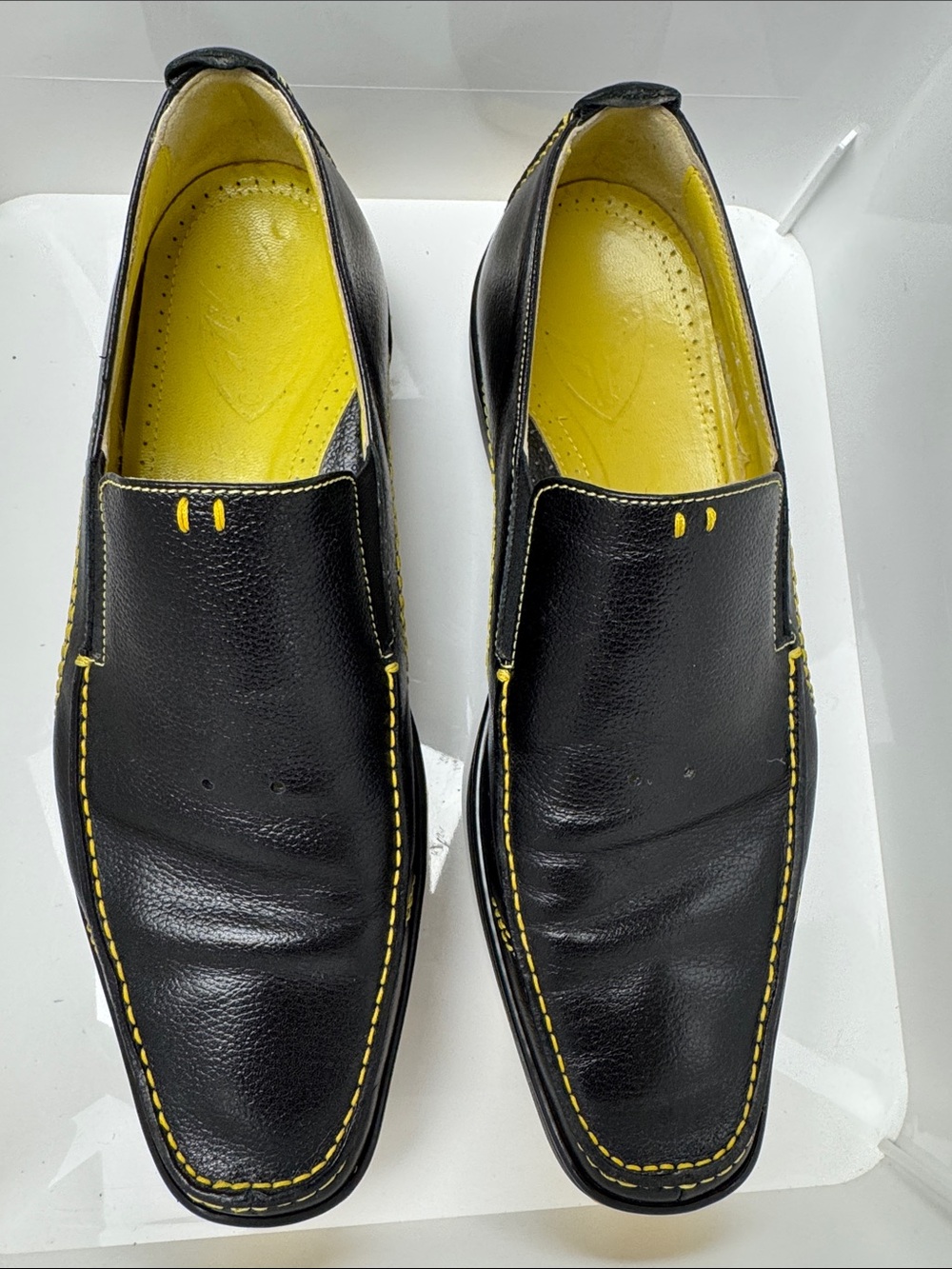 Like new Men's Italian leather Black Slip-On Loafers with Yellow Accents